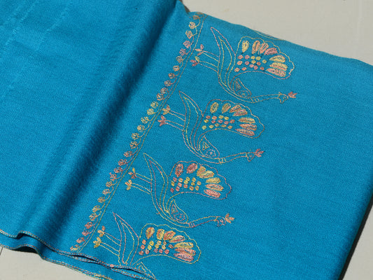 MAYURA, the Peacock Magnificent Hand Embroidered Stole - Ocean Blue