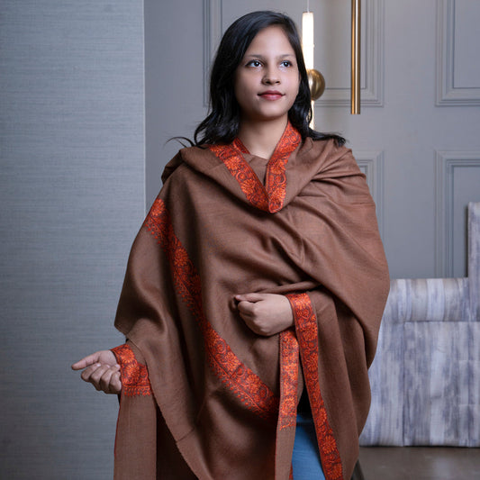 NAAZ Ethereal Sandcastle Brown Embroidered Shawl - Unisex