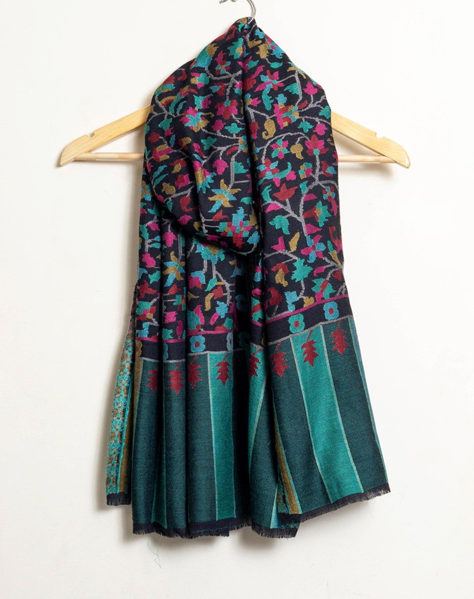 KASHMIR JAAL Black Teal with Pink Alluring Kani Woven Shawl - Unisex