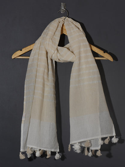 OMVAI Handcrafted Striped Linen Stole with Tassels - Blooming Beige