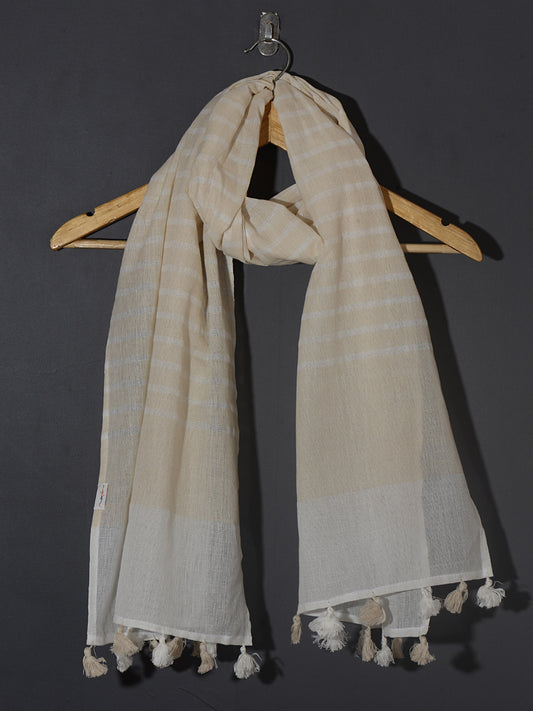 OMVAI Handcrafted Striped Linen Stole with Tassels - Blooming Beige