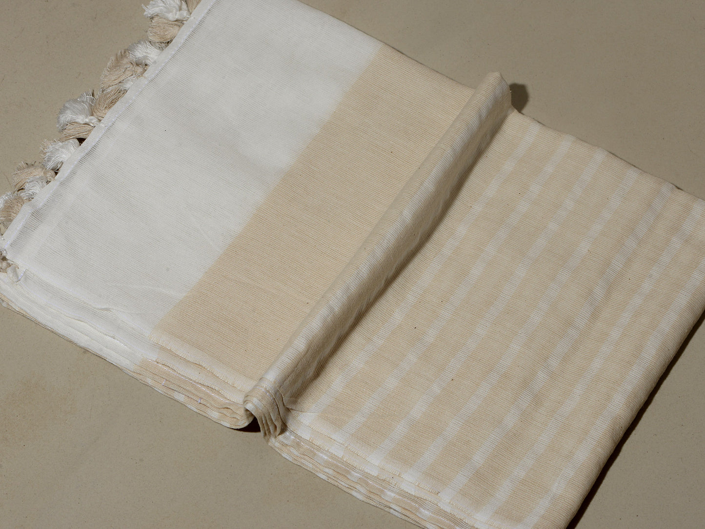 OMVAI Handcrafted Striped Linen Stole with Tassels - Blooming Beige
