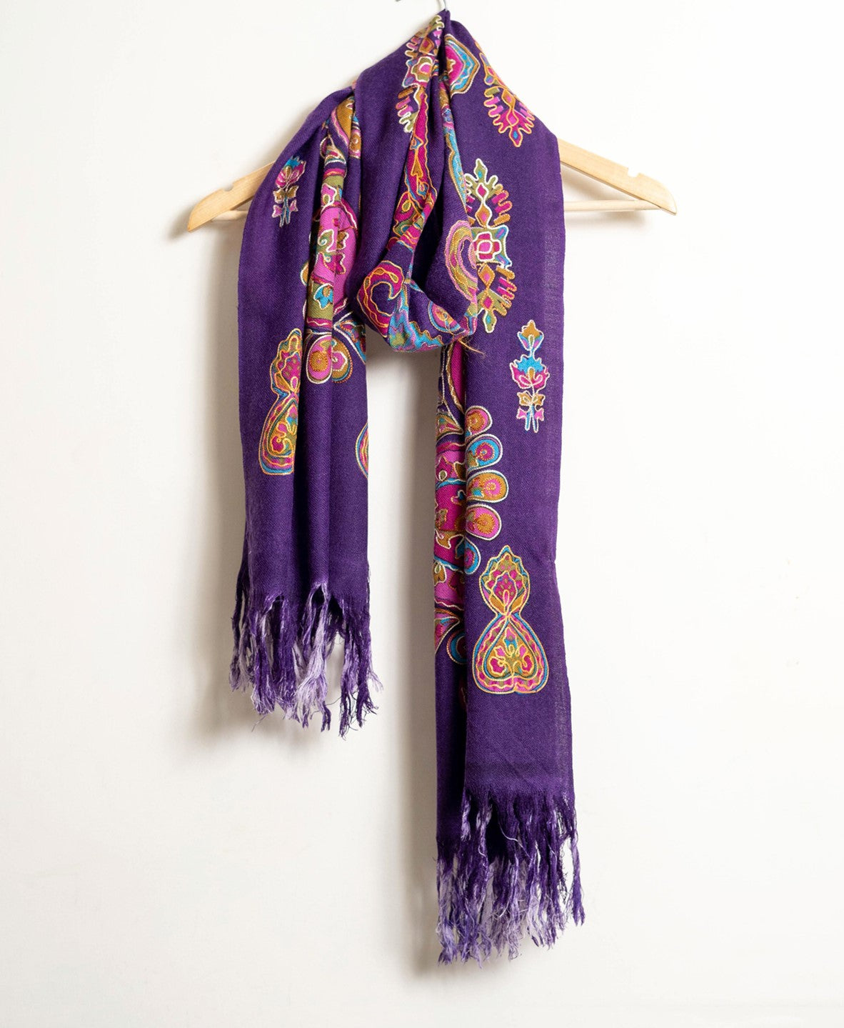 Bold Paisley Kalamkari Kani Stole with Hand embroidery - Purple