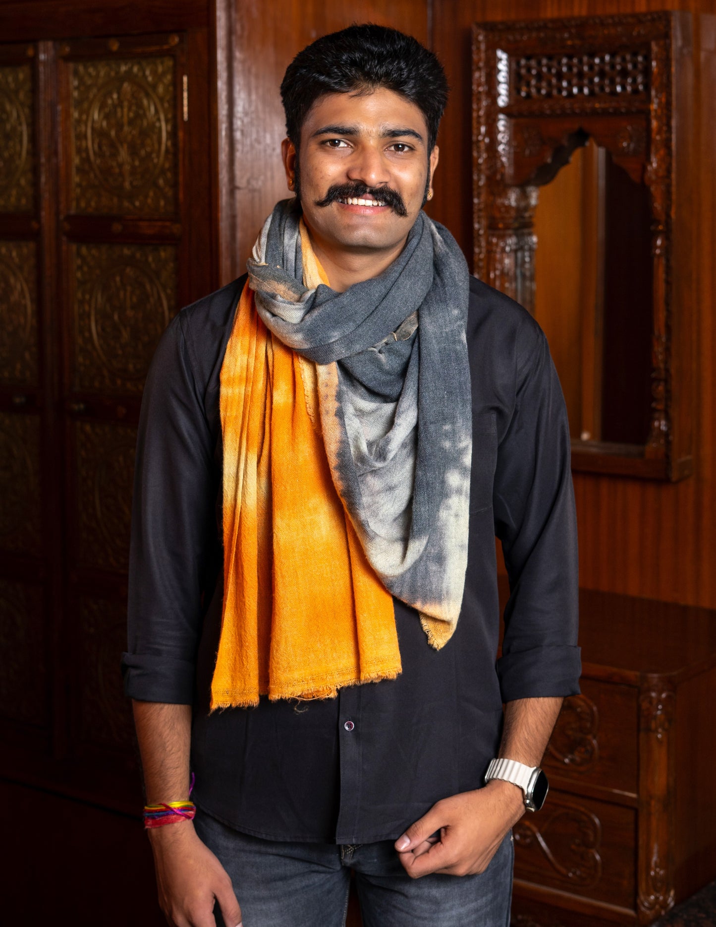 Tie and Dye Brush Paint Pattern Super Soft Woolen Muffler For Man | Grey Rust