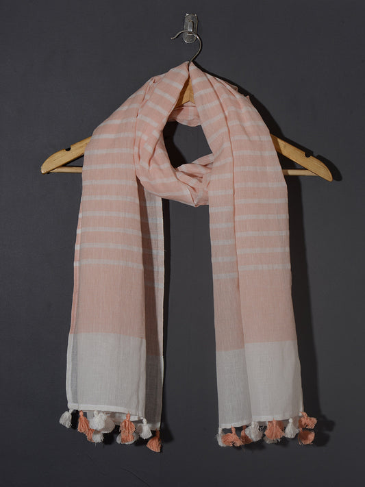 OMVAI Handcrafted Striped Linen Stole with Tassels - Light Pink