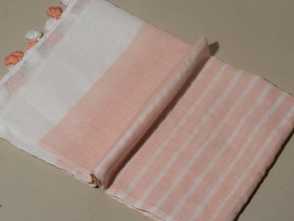 OMVAI Handcrafted Striped Linen Stole with Tassels - Light Pink