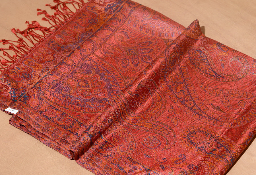 OMVAI Ornamental Paisley Premium Woven Silk Stole - Coral Red