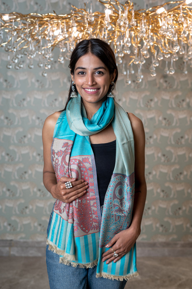OMVAI Spring Bloom Border Summer Stole Modal Silk Turquoise with Cherry Border