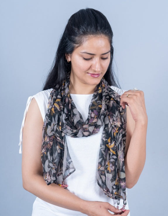 OMVAI Floral Bahaar Chiffon Stole - Charcoal