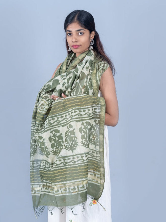 OMVAI Paisley Buta Hand Block Printed Chanderi Silk Dupatta - Olive Green