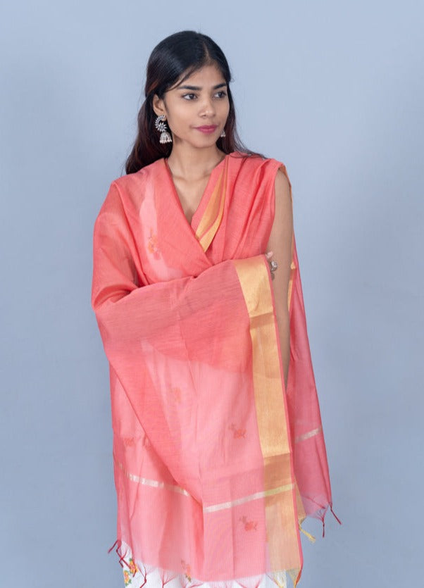 OMVAI Golden Border Chanderi Silk Dupatta - Coral