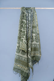 OMVAI Paisley Buta Hand Block Printed Chanderi Silk Dupatta - Olive Green