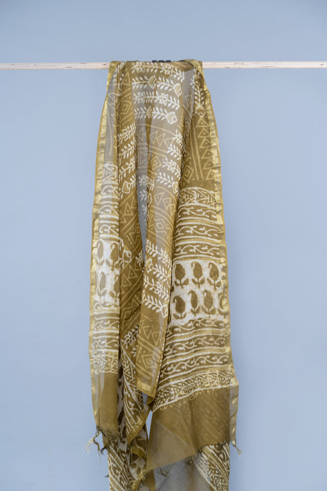OMVAI Patti Bel Hand Block Printed Chanderi Silk Dupatta - Green