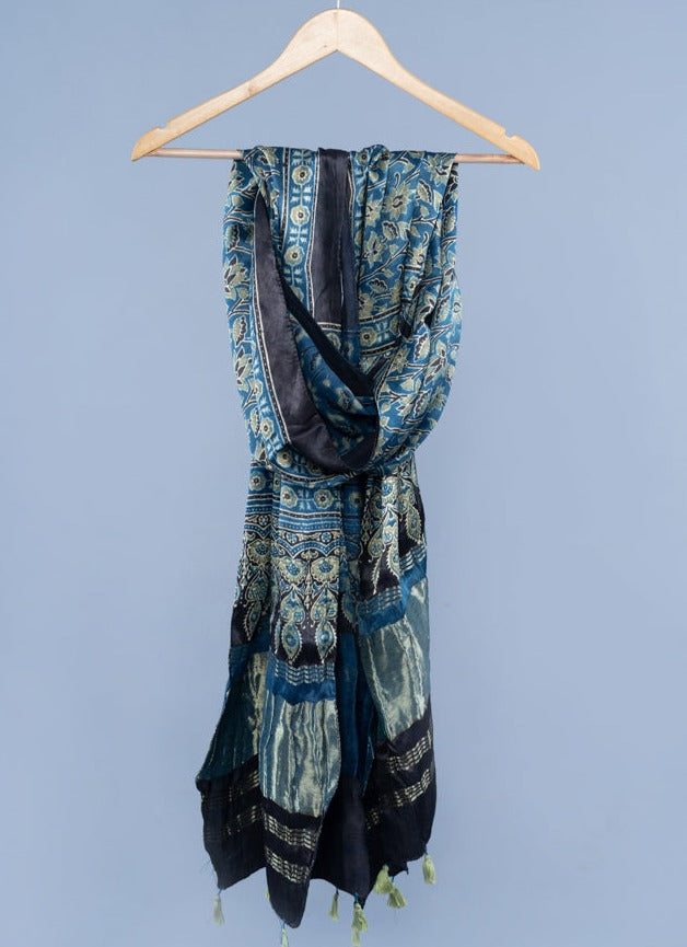 OMVAI Bel Sundari Hand Block Printed Premium Modal Stole with Zari Border - Blue