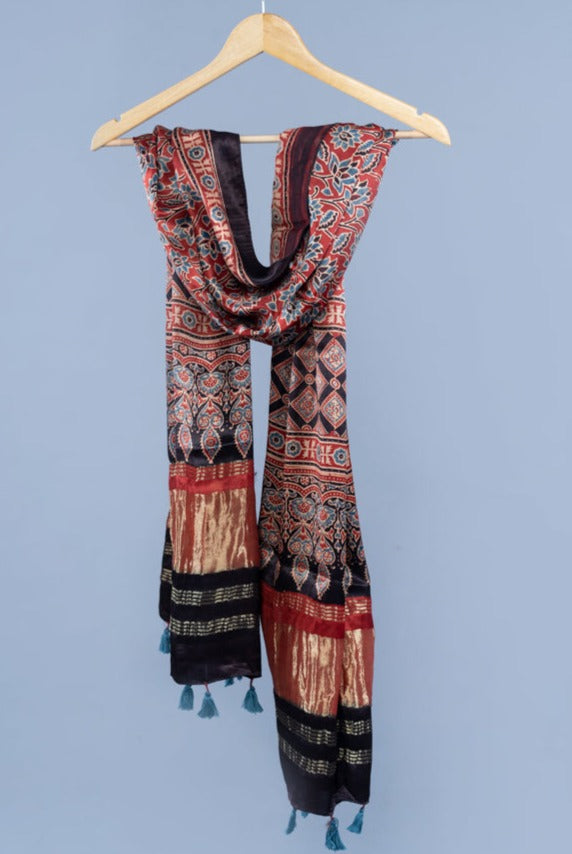 OMVAI Bel Sundari Hand Block Printed Premium Modal Stole with Zari Border - Red