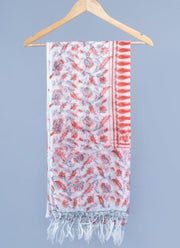 OMVAI Ornamental Flower Buta Hand Block Printed Kota Doria Checks Stole / Dupatta - White Coral