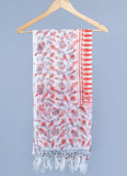 OMVAI Ornamental Flower Buta Hand Block Printed Kota Doria Checks Stole / Dupatta - White Coral