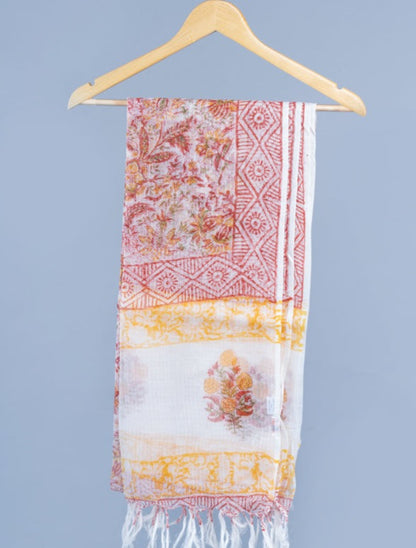 OMVAI Flower Jaal Hand Block Printed Kota Doria Checks Stole / Dupatta - White Red