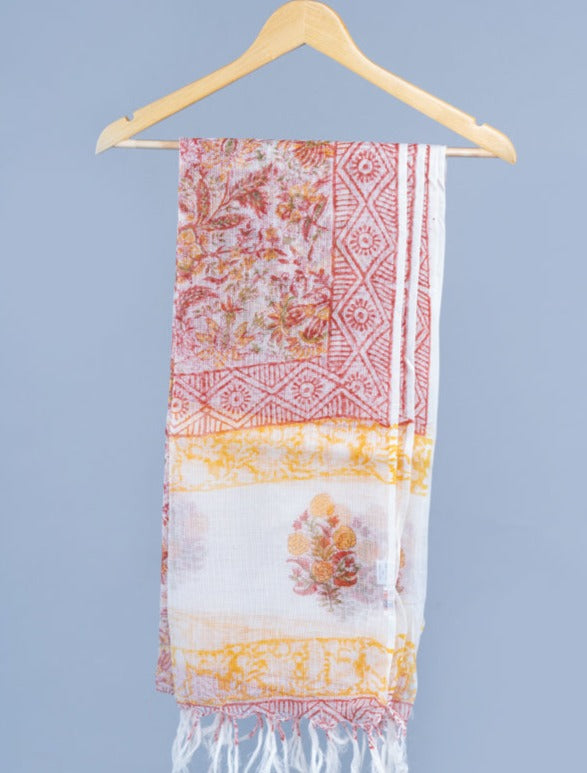 OMVAI Flower Jaal Hand Block Printed Kota Doria Checks Stole / Dupatta - White Red