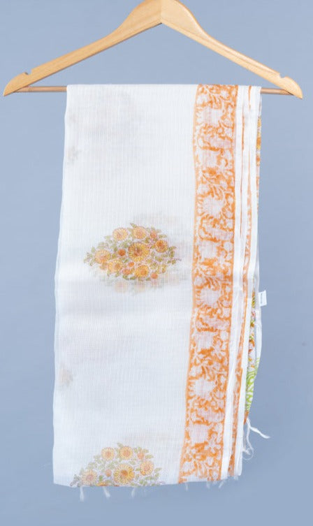 OMVAI Ornamental Flower Hand Block Printed Kota Doria Checks Stole / Dupatta - White Ochre