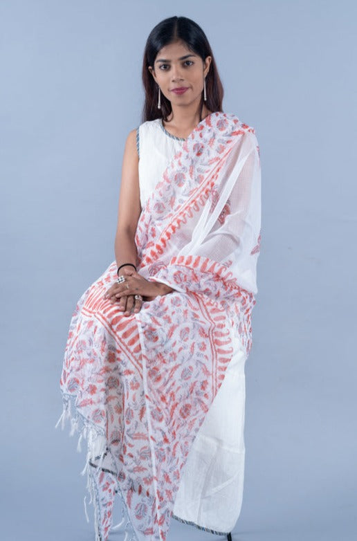 OMVAI Ornamental Flower Buta Hand Block Printed Kota Doria Checks Stole / Dupatta - White Coral