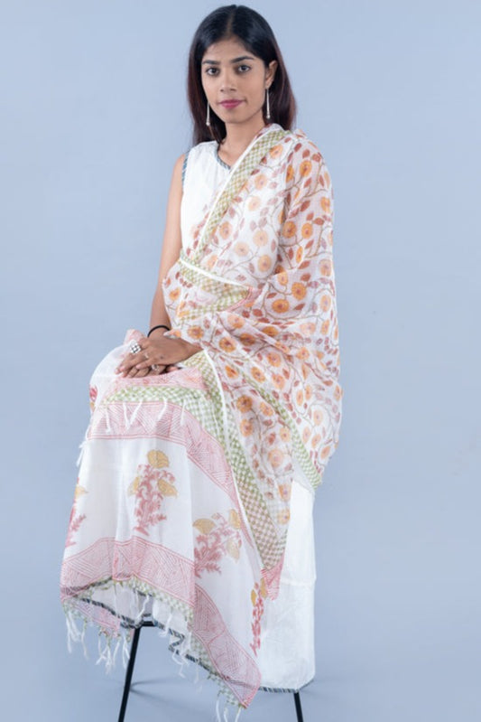 OMVAI Ornamental Sun Flower Buta Hand Block Printed Kota Doria Checks Stole / Dupatta - White Yellow
