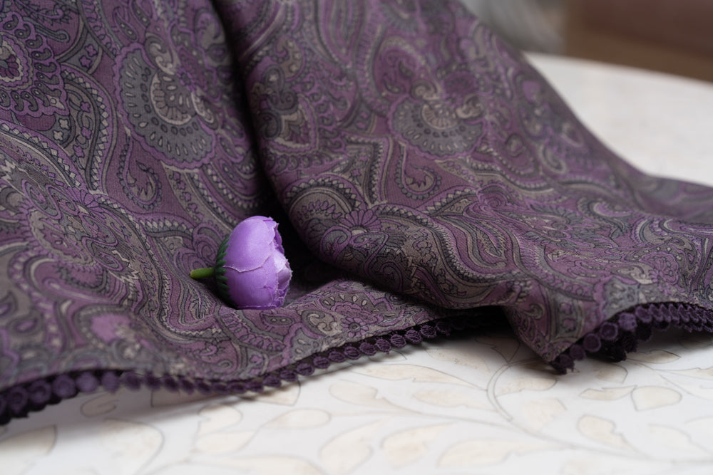 OMVAI Ornamental Paisley Crepe Stole - Purple