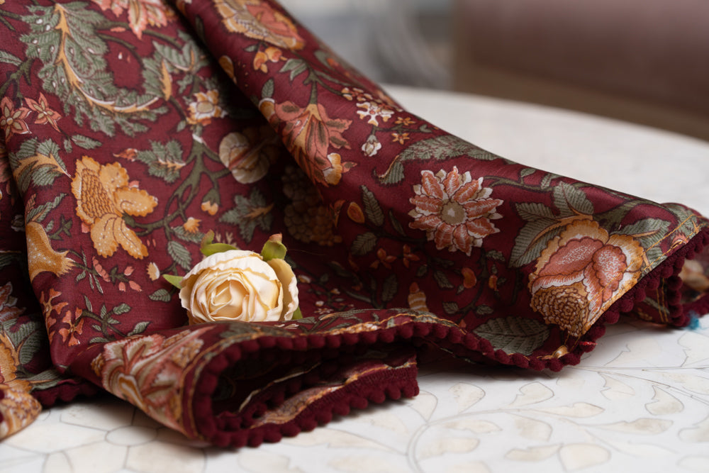 OMVAI Victorian Mughal Flower Print Silk Stole -  Rich Burgandy