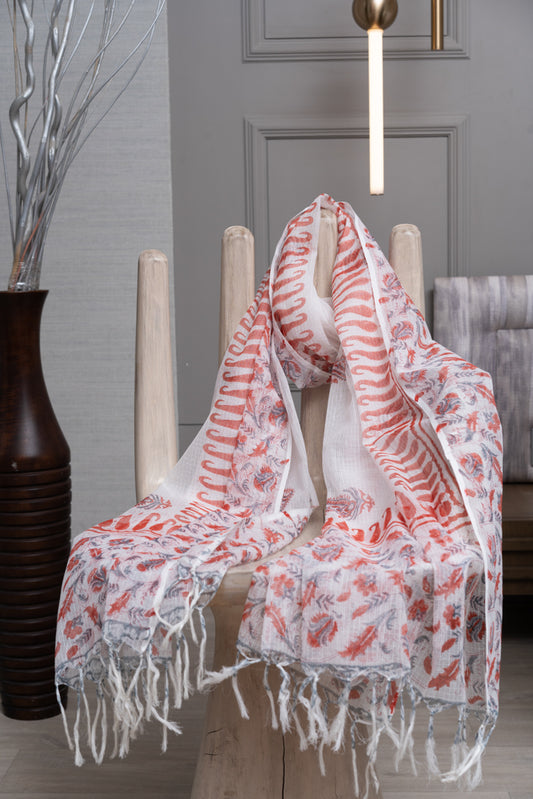 OMVAI Ornamental Flower Buta Hand Block Printed Kota Doria Checks Stole / Dupatta - White Coral