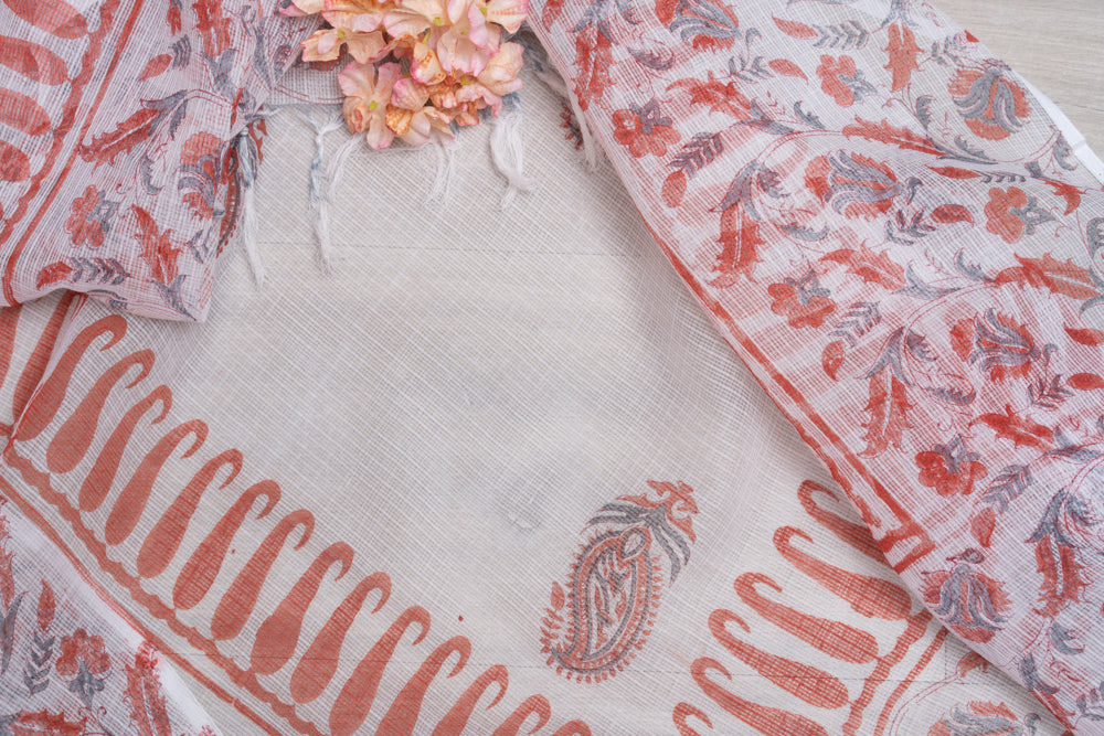 OMVAI Ornamental Flower Buta Hand Block Printed Kota Doria Checks Stole / Dupatta - White Coral