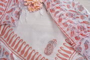 OMVAI Ornamental Flower Buta Hand Block Printed Kota Doria Checks Stole / Dupatta - White Coral