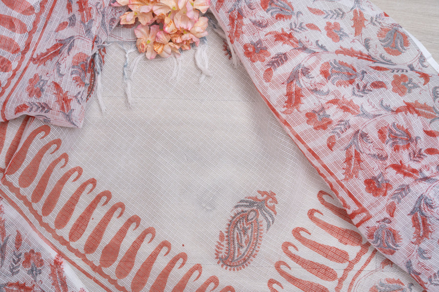OMVAI Ornamental Flower Buta Hand Block Printed Kota Doria Checks Stole / Dupatta - White Coral