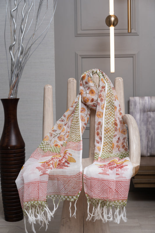 OMVAI Ornamental Sun Flower Buta Hand Block Printed Kota Doria Checks Stole / Dupatta - White Yellow