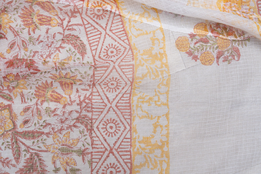 OMVAI Flower Jaal Hand Block Printed Kota Doria Checks Stole / Dupatta - White Red