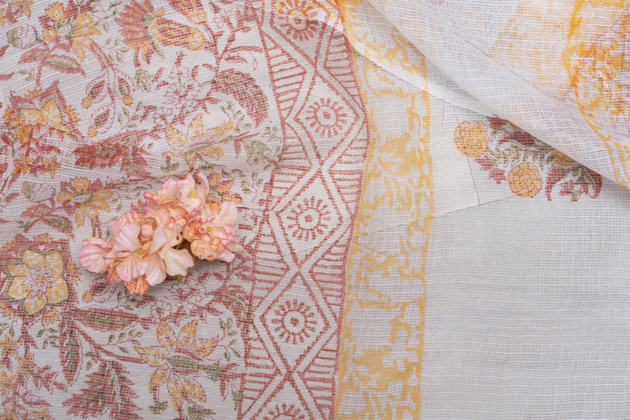 OMVAI Flower Jaal Hand Block Printed Kota Doria Checks Stole / Dupatta - White Red