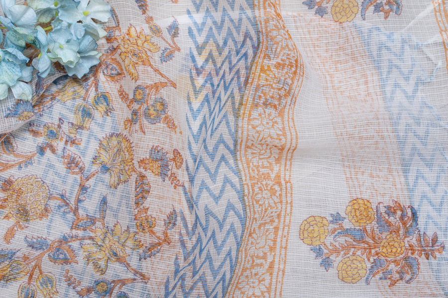 OMVAI Ornamental Flower Jaal  Hand Block Printed Kota Doria Checks Stole / Dupatta - White Blue