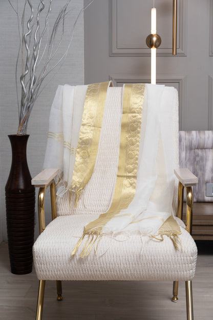 OMVAI Paisley Border Chanderi Silk Dupatta - Pearl White