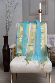 OMVAI Paisley Border Chanderi Silk Dupatta - Firoza Turquouse Blue