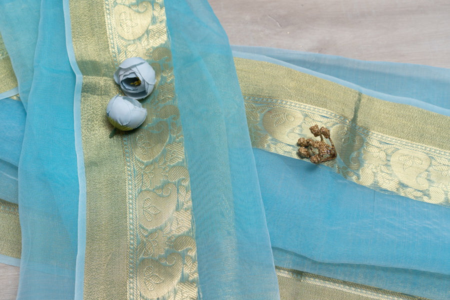 OMVAI Paisley Border Chanderi Silk Dupatta - Firoza Turquouse Blue