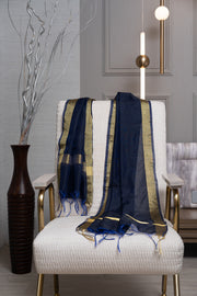 OMVAI Golden Border Chanderi Silk Dupatta - Navy