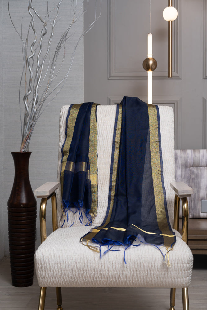 OMVAI Golden Border Chanderi Silk Dupatta - Navy