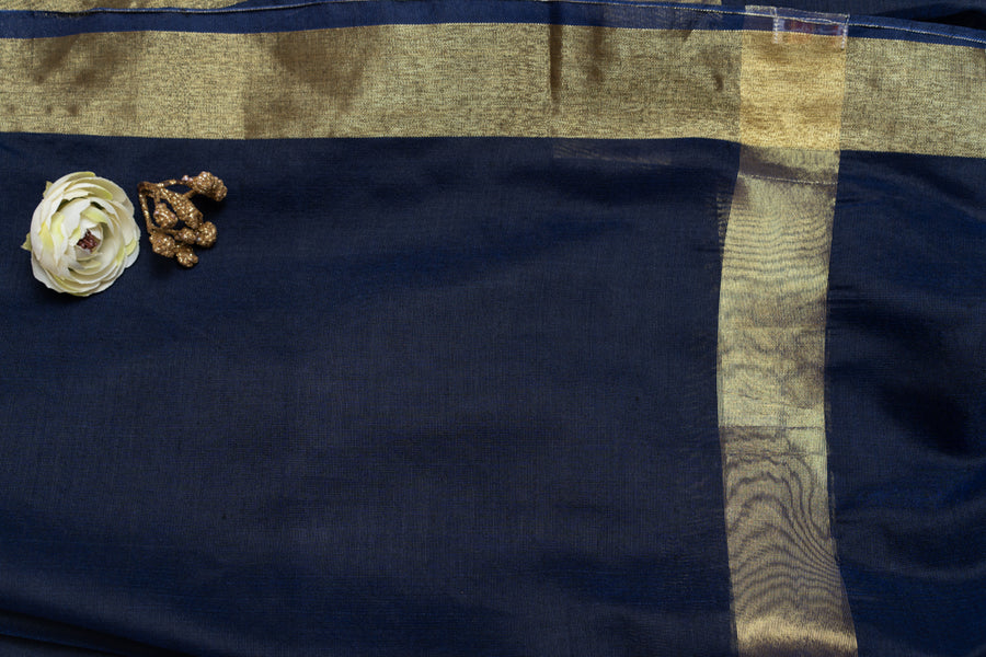 OMVAI Golden Border Chanderi Silk Dupatta - Navy