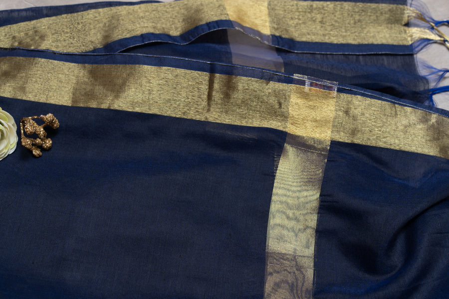 OMVAI Golden Border Chanderi Silk Dupatta - Navy