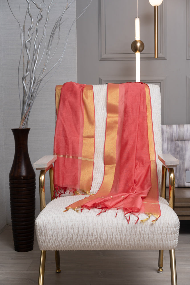 OMVAI Golden Border Chanderi Silk Dupatta - Coral