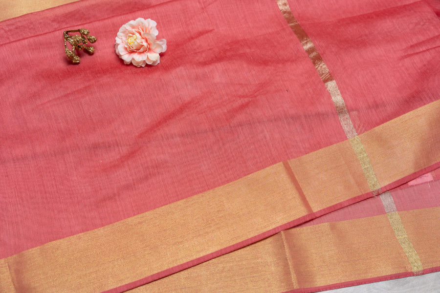 OMVAI Golden Border Chanderi Silk Dupatta - Coral