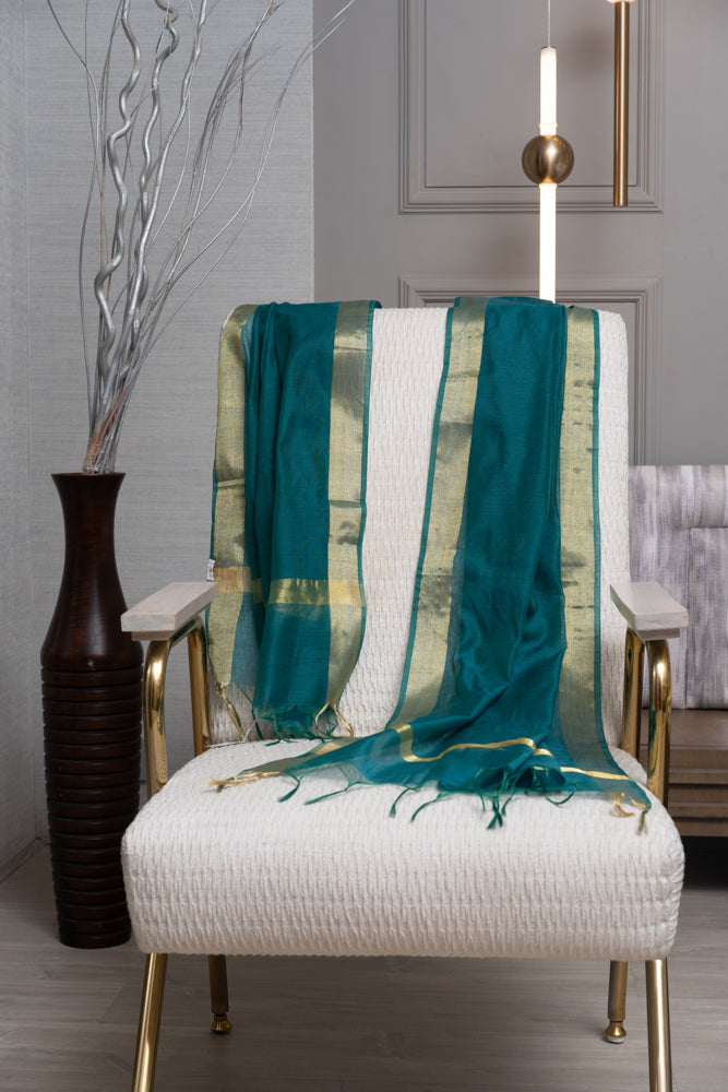 OMVAI Golden Border Chanderi Silk Dupatta - Peacock Green