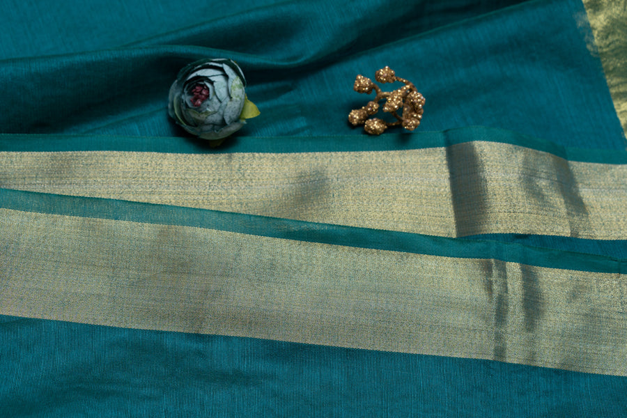 OMVAI Golden Border Chanderi Silk Dupatta - Peacock Green