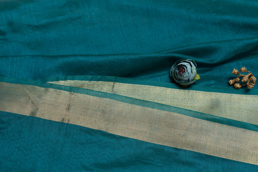 OMVAI Golden Border Chanderi Silk Dupatta - Peacock Green