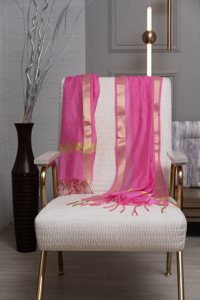 OMVAI Golden Border Chanderi Silk Dupatta - Pink