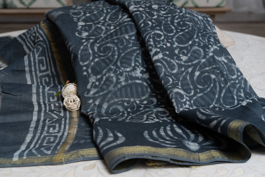 OMVAI Paisley Buta Hand Block Printed Chanderi Silk Dupatta - Charcoal